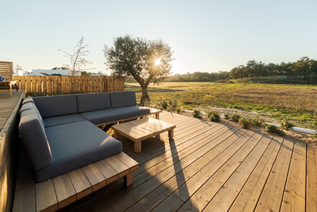 Relax corner with cushions in deck in modern villa terrace