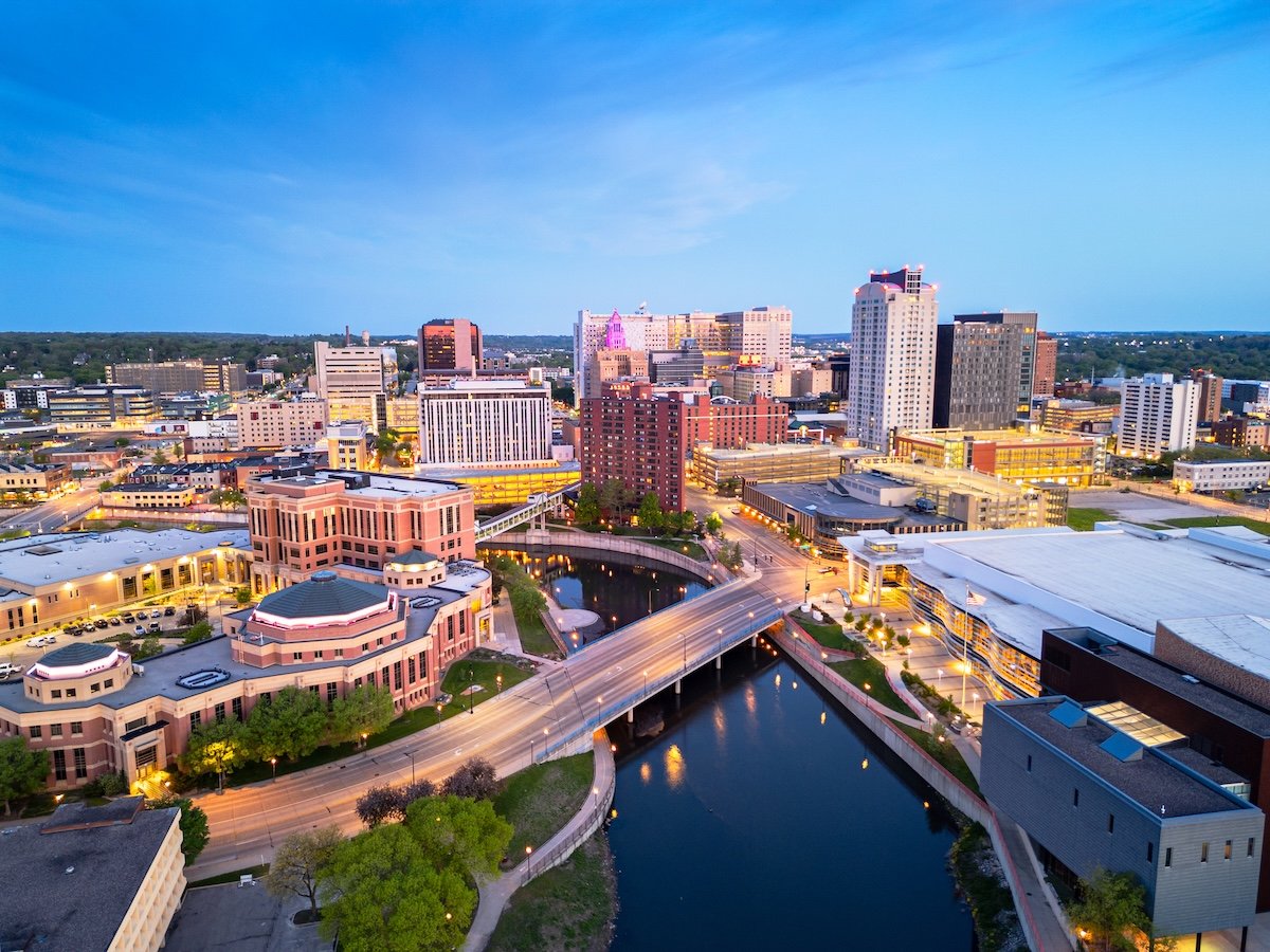 Rochester, Minnesota, USA cityscape on the Zumbro River at blue hour.