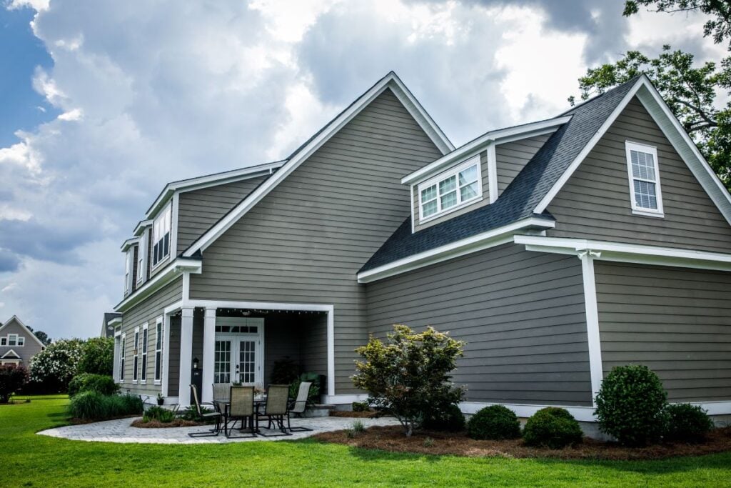 house with gray siding and white trim