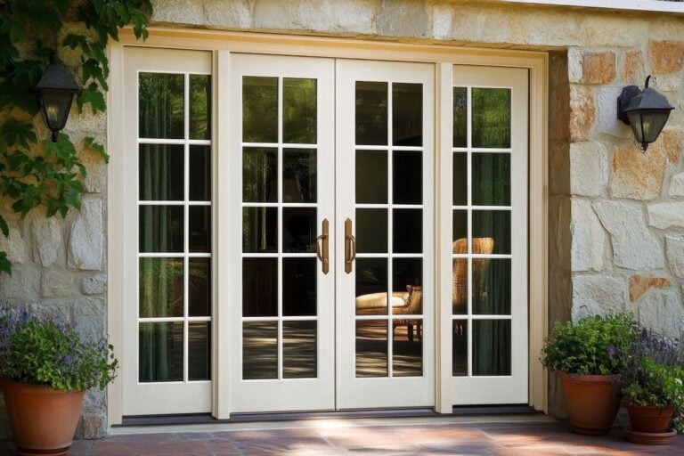 French Patio Door Cream-Colored, Multi-Pane, Stone Exterior