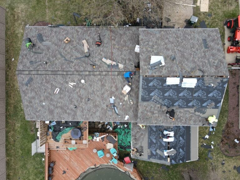 Aerial view of a roof repair in progress