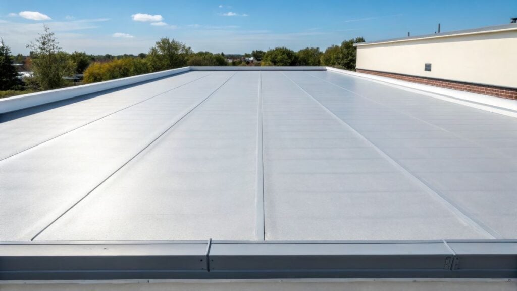 Flat roof surface with waterproof membrane, flat roof installation process