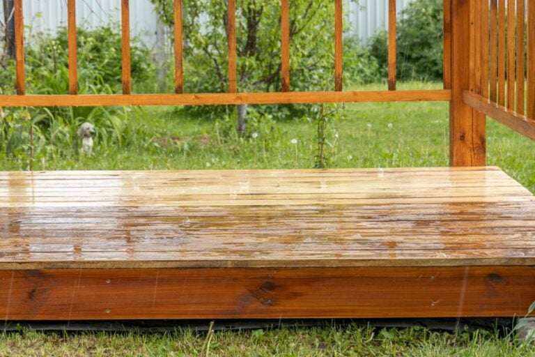 A wooden deck, wet from a summer rain shower
