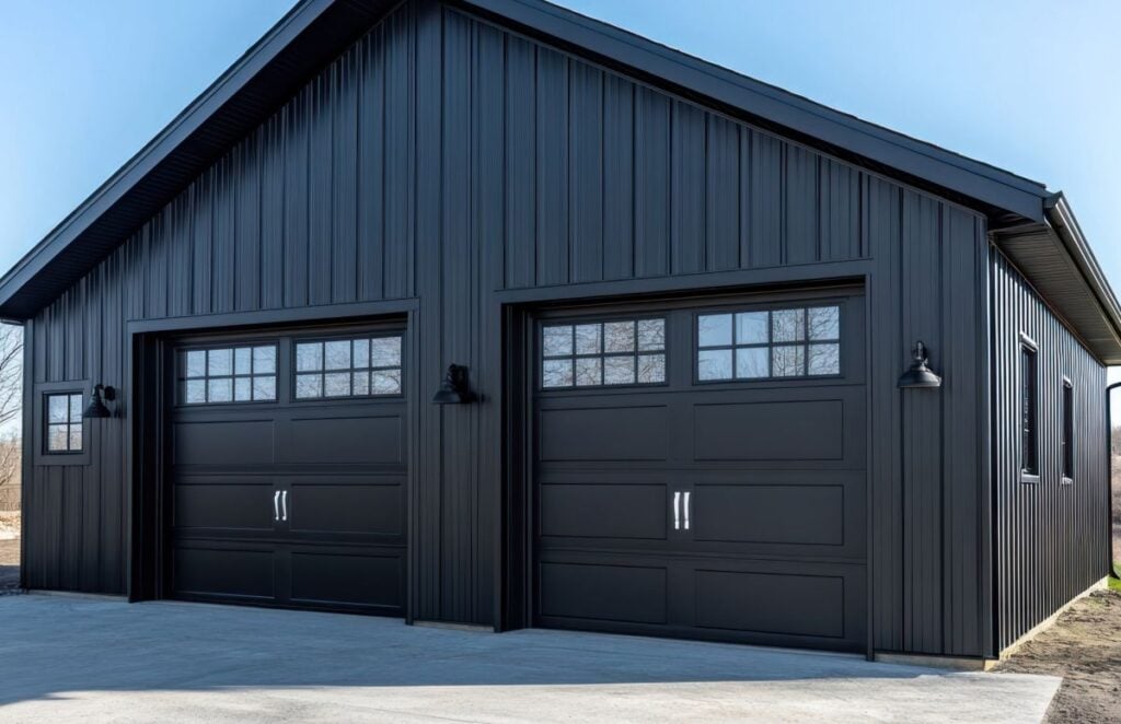 Black barn garage, rural setting, sunny day, two doors, real estate