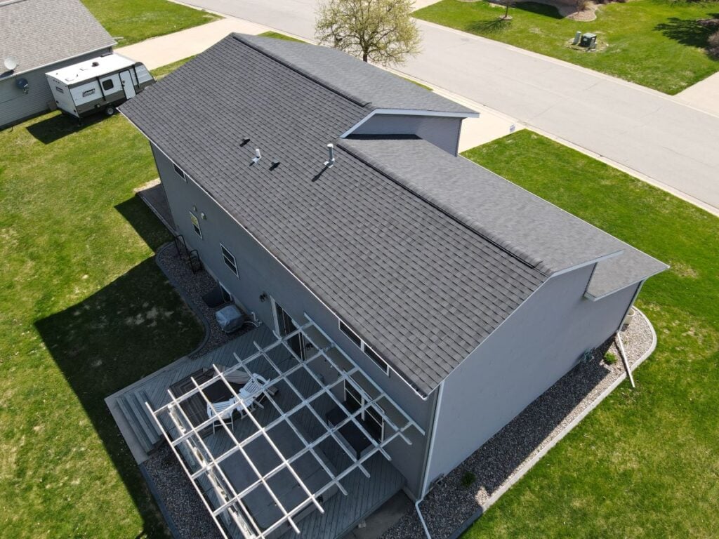 Aerial view of a house with a ridge vent