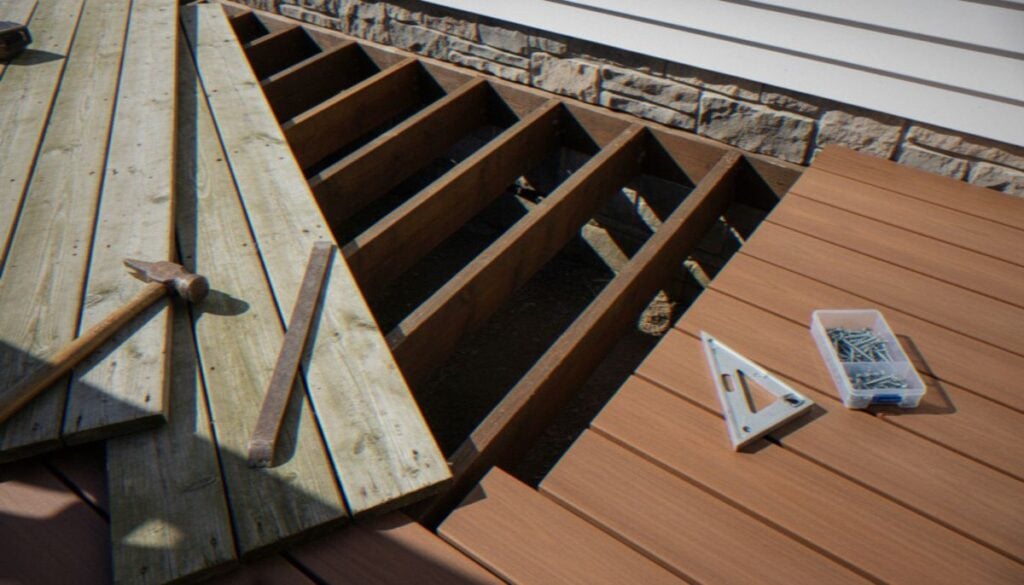 High-angle view of a partially constructed deck with composite boards, exposed wooden joists, and construction tools 