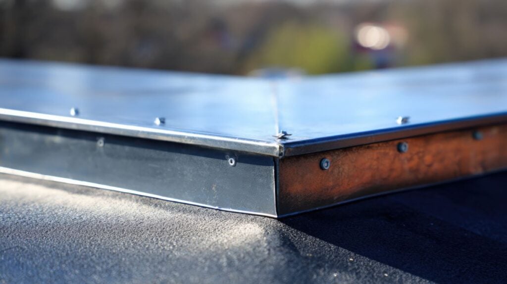 Metal Flashing Corner on a Flat Roof for Weatherproofing and Preventing Leaks in Building Construction