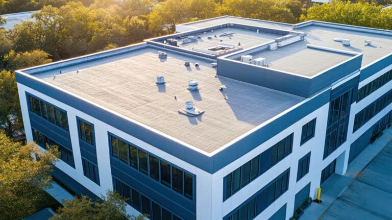 Roofing for commercial buildings, with a large office complex getting new roofing installed by a team of contractors