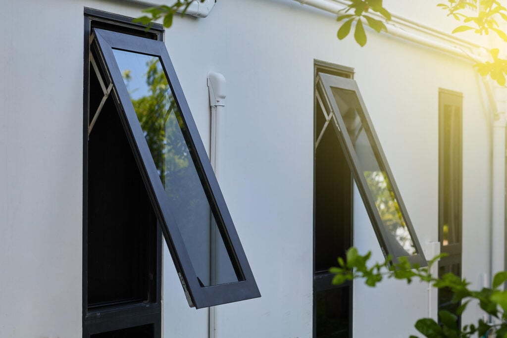 Black frame aluminium windows of building
