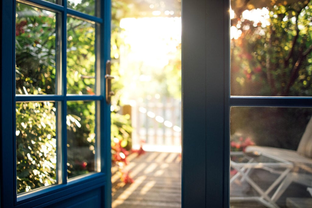 Blue-framed glass French door