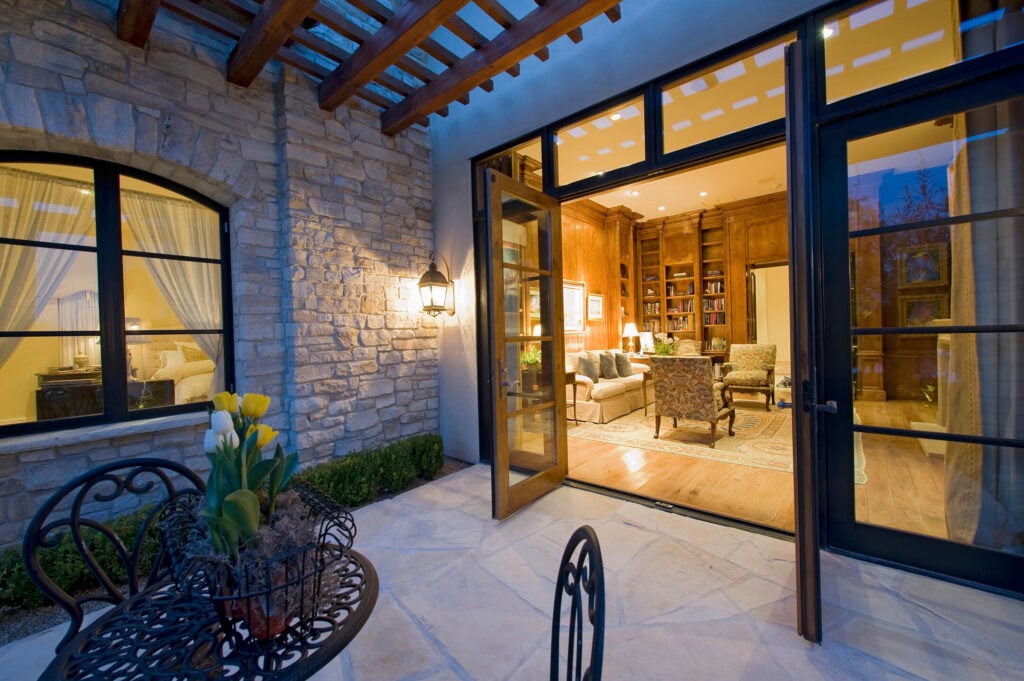 View of contemporary living room from patio